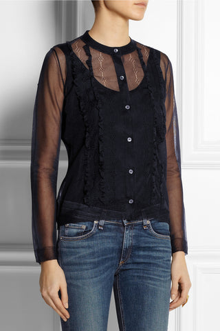 Ruffle-front mesh cardigan