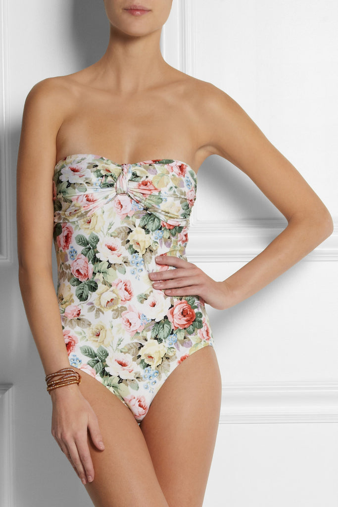 Rose-print bandeau swimsuit