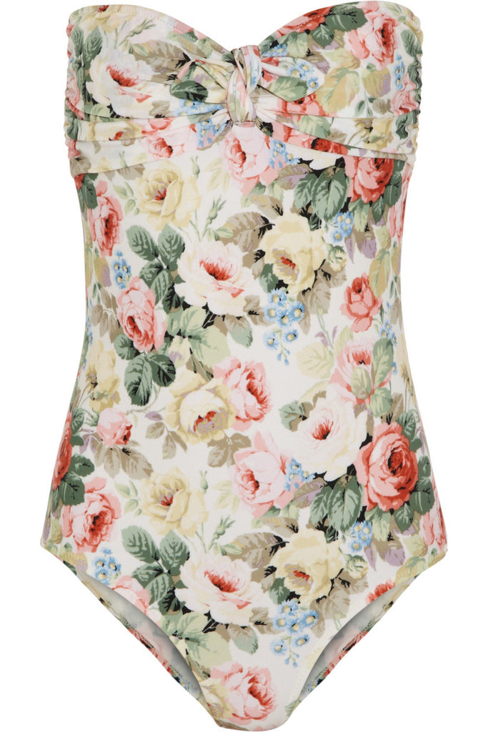 Rose-print bandeau swimsuit