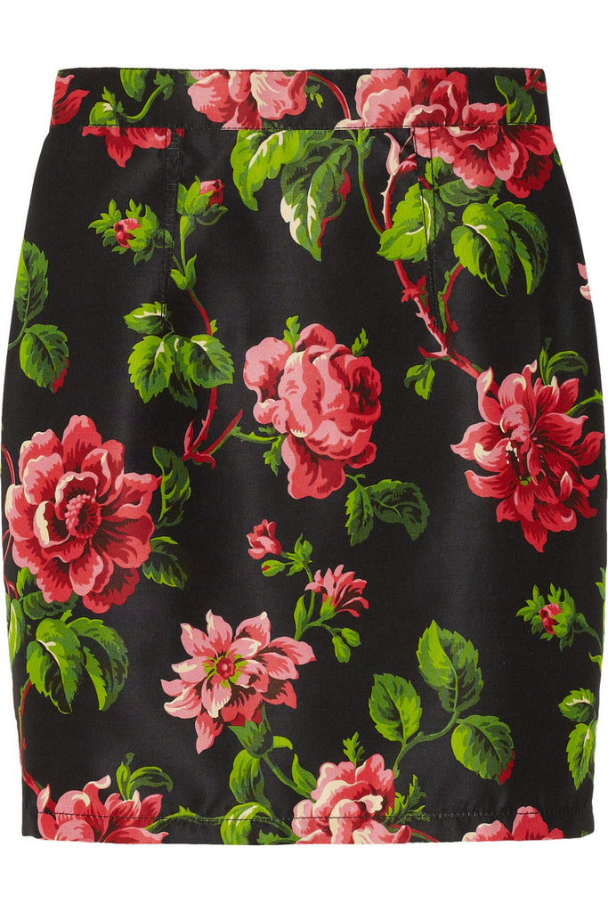 Floral-print silk-faille skirt